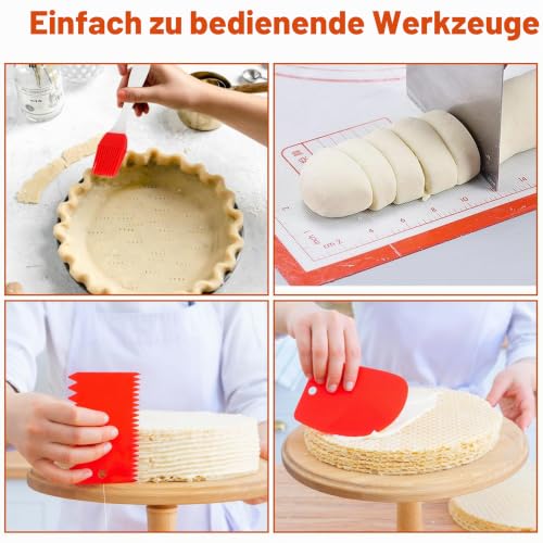 Foto von WECUTE Backmatte Silikon 70 x 50 cm Backunterlage Silikon Rutschfeste mit Messung, Wiederverwendbar Fondant Zubehör für Teig, Fondant, Macarons, Kekse (Mit 3 Stück Teigschaber 1 Bürsten) (Rot)