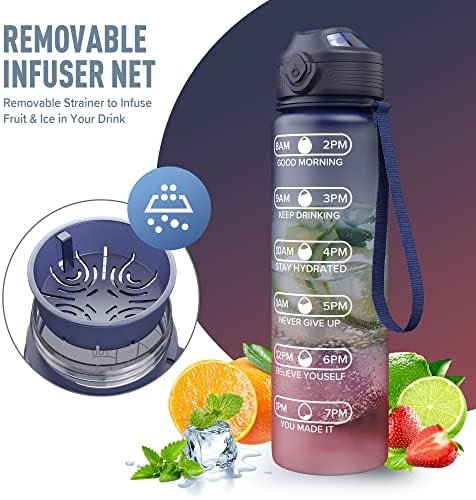 Water Bottle 1 Litre, Leakproof BPA Free Tritan Non-Toxic Plastic Drink Bottle, Motivational Sport Bottle with Time Markings, for Adults, Fitness, Outdoor, Cycling, Gym, SchoolGradient Blue-Red)