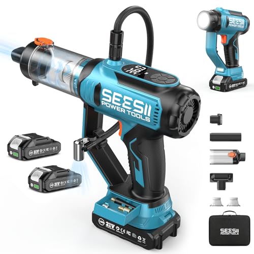 SEESII 3-in-1 Tire Inflator: Portable Air Compressor & Car Vacuum Cordless & Led Work Light with 2×2000mAh Batteries, 21V Tire Air Pump 150PSI w/Digital Gauge+Auto-Shutoff for Ball/Bike/Car/Home