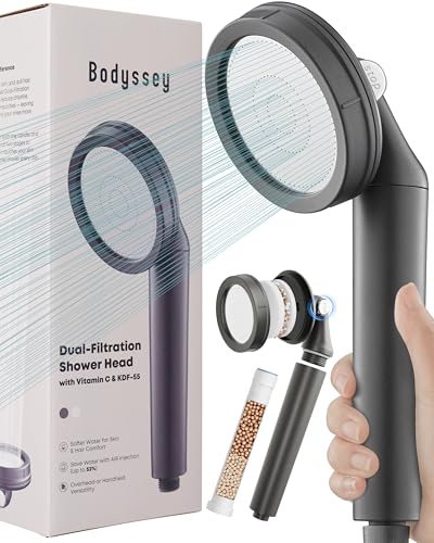 Bodyssey Afneembare douchekop filter voor harde waterontharder - dubbele filter met KDF & vitamine C, hoge druk, residuele chloorverwijdering, waterbesparing, one-touch stop, handheld/vast gebruik