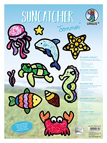 Ursus 21220099 - Suncatcher, Sommer, 300 g/qm, 12 Suncatcher, in verschiedenen Größen und Motiven, inklusive Bastelanleitung, ideal als farbenfrohe Fensterdekoration