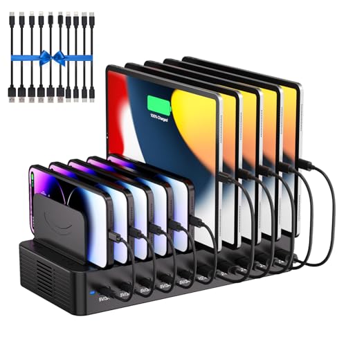 100W Charging Station for Multiple Devices, 10-Port USB Fast Charging Station with Adjustable Dividers & 10 Cables- Multi Device Organizer Charging Dock for iPhone, iPad, Tablets & More(Black)