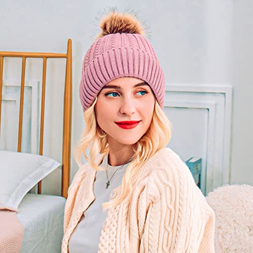 Simplicity Beanie For Women Pom Pom Beanie Warm Fleece Lined Winter Hat Skull Beanie, Pink Beanie #TOP5