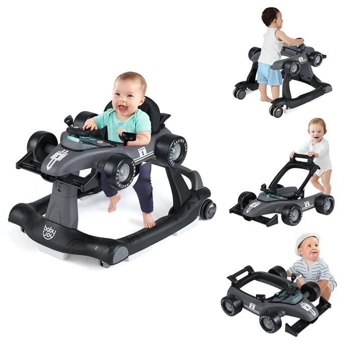 COSTWAY 4 em 1 andarilho bebés, caminhante dobrável para bebés com altura e velocidade reguláveis, carrilhão com luzes, volante e assento com almofada, tacata bebé, caminhador para bebé de 6-18 meses