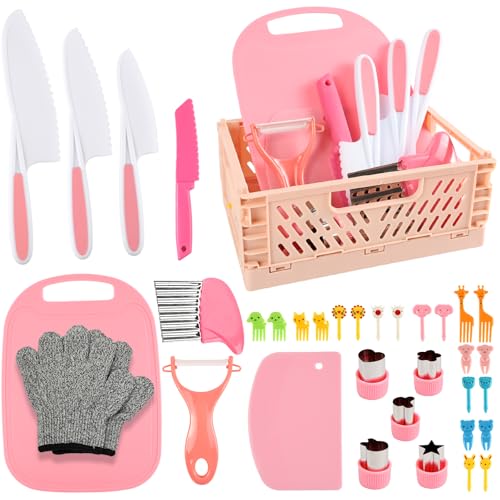 HOTUT 35 Pcs Kids Knife Set for Chopping Kids Cooking Set with Foldable Storage Box Crinkle Cutter Cookie Cutters Montessori Toys for 3 4 5 6Year Old Boys Girls Christmas Birthday Gifts BPA-Free
