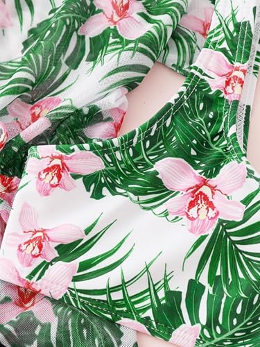Image of Girl's 3 Piece Bikini Set Tropical Print Bathing Suit Swimwear with Overall Kimono Cover Ups Green 140