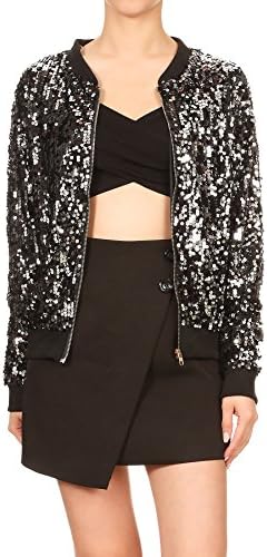 Anna-Kaci Womens Sequin Long Sleeve Front Zip Jacket with Ribbed Cuffs, Black+Silver, Small