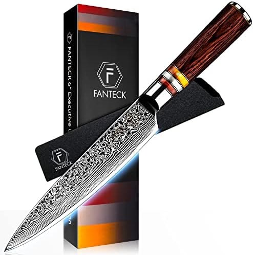 [6-Inch]Utility Paring Knife FANTECK Chef Knife Damascus Stainless Steel VG10 Pro Razor Sharp Blade High Carbon 67-Layer Kitchen Cutlery Cutting Fruit Utility Knife Gift Box-Ergonomic Pakkawood Handle