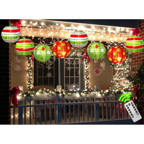 Large Outdoor Christmas Decorations, 8pcs 15.7 ft Cute Grinchmas-Color Fabric Lantern String LED Light, Hanging Colorful Xmas Decor for Porch Yard Fence Tree Patio Garden Home School Outside Indoor