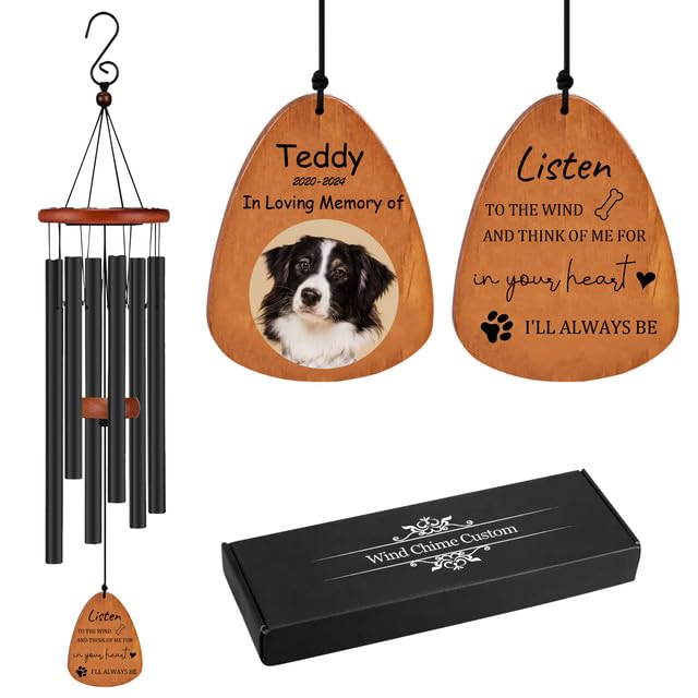 Rainsar Personalised Pet Memorial Wind Chimes for Loss of Dogs & Cats, Custom Color Photo Windchimes for Outdoor Garden, Sympathy Bereavement Gift, 25.5”/32”/37”