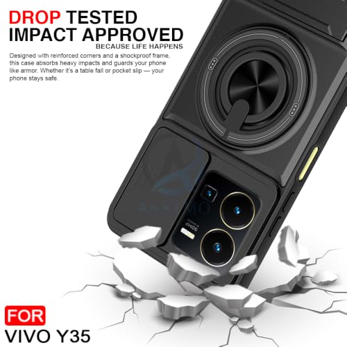 Image of AESTMO Vivo Y35 Back Cover | Armor Camera Slider 360 Degree Rotating Finger Ring Holder Case with Bracket Stand Back Case Cover (Compatible with MagSafe Accessories) (Black)