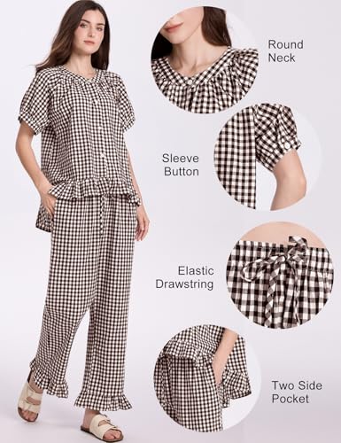 COZYPOIN Womens Gingham Pajama Set 2 Piece Plaid Cotton Pjs Cute Ruffle Sleepwear Maternity Bridesmaid Pajamas Loungewear4