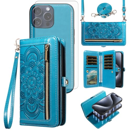 Coque iPhone 15 Pro fermeture éclair avec porte-carte magnétique amovible et verre