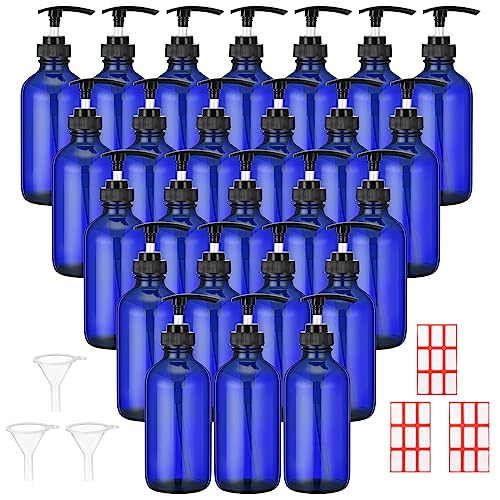 Tanlade 24 Pcs 8 oz Glass Pump Bottle Empty Bottle Glass Soap Dispenser with Pump Refillable Containers and Labels Funnels for Essential Oils Cleaning Products Lotions Conditioner(Blue)