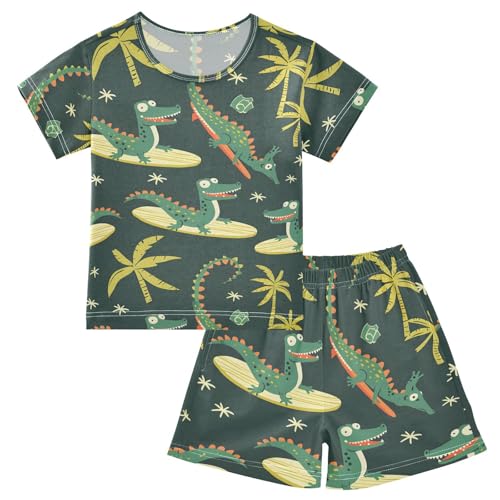 ALAZA Crocodile Surfer Cartoon Pajamas Short Sleeve 2 Piece Sleepwear Top and Bottom Pajama Set Unisex