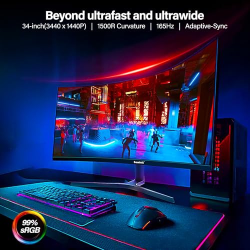 Gawfolk 34 Zoll Ultrawide Curved Gaming Monitor 165Hz, 1500R PC Bildschirm UWQHD 3440x1440 mit Höhenverstellung, Gebogenes Computerbildschirm, VA, Displayport, HDMI, unterstützt VESA 75 x 75 mm 5