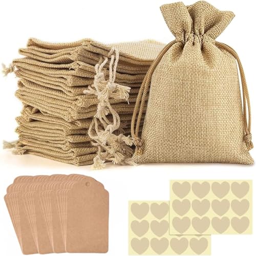 FINEVERNEK 24 Bolsas de Yute, Pequeñas Bolsas de Regalo con Cordón 9 x 12CM, Bolsitas de Yute con 24 Etiquetas y Pegatina, Bolsas de Lino para Joyas, Especias, Boda, Fiesta