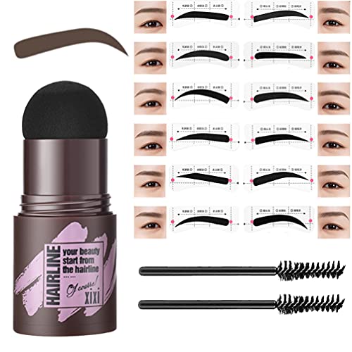 One Step Eyebrow Stamp Shaping Kit,Eyebrow Powder Definer and 12 Styles Reusable Stencil with 2 Eyebrow Pen Brush,Professional Buildable Eyebrow Trimmer Tool for Beginners(Dark Brown)