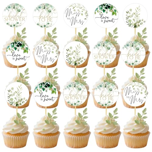 25 pcs Greenery Bridal Shower Cupcake Toppers
