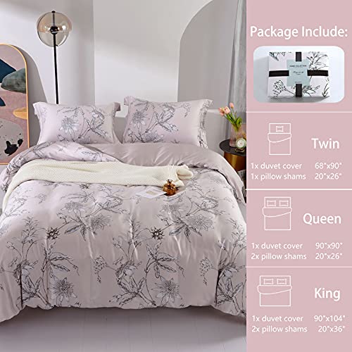 MILDLY 100% Long-Staple Cotton Duvet Cover Set Light Pink Elegant Floral Pattern Printed Comforter Cover 3pcs, Ultra Soft & Breathable Bedding Set
