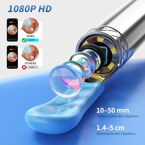 Qimic Ohrenschmalz Entferner Otoskop, WiFi Ohrreiniger, IP67 Wasserdicht und 360°-Weitwinkel Otoskop Kamera mit 6 LEDs für Erwachsene, Kinder und Haustier, Schwarz