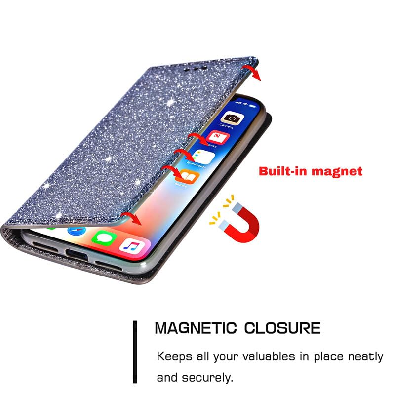 Generic Étui compatible avec iPhone 14 Pro (couleur : gris) étui portefeuille à rabat magnétique à paillettes en cuir avec porte-cartes