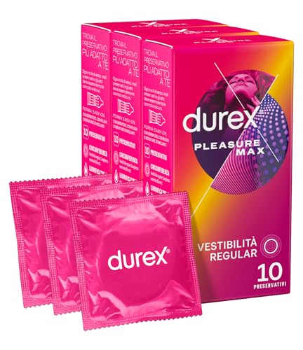 30 Preservativi Durex Pleasure Max con Rilievi Stimolanti Forma Easy-On Realizzati in Lattice di Gomma Naturale Spessore Elevato - 3 Confezioni da 10 Profilattici