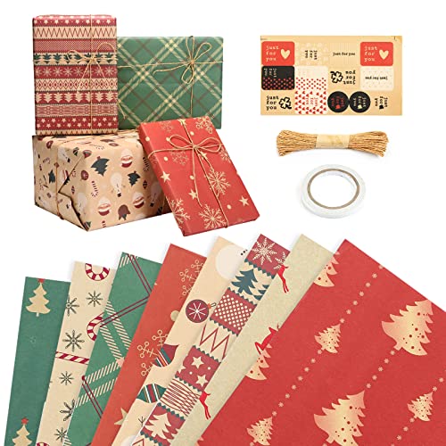 LEMESO クリスマス ラッピングペーパー 包装紙 8枚入 大判 50x70cm 半才 クリスマスプレゼント ギフト 贈り物 包装 ラッピング紙 ラッピング用品 梱包材 包装資材 赤 クラフト おしゃれ