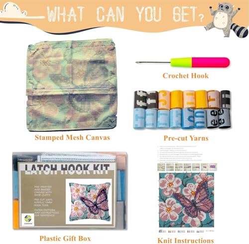 Image of EMISTEM Latch Hook Kits for Adults - Latch Hook Pillow Kits, Crochet Yarn Kit for Beginners, DIY Needlework Crafts Cover Case with Printed Canvas,(Butterfly in Flowers,17x17 inch)