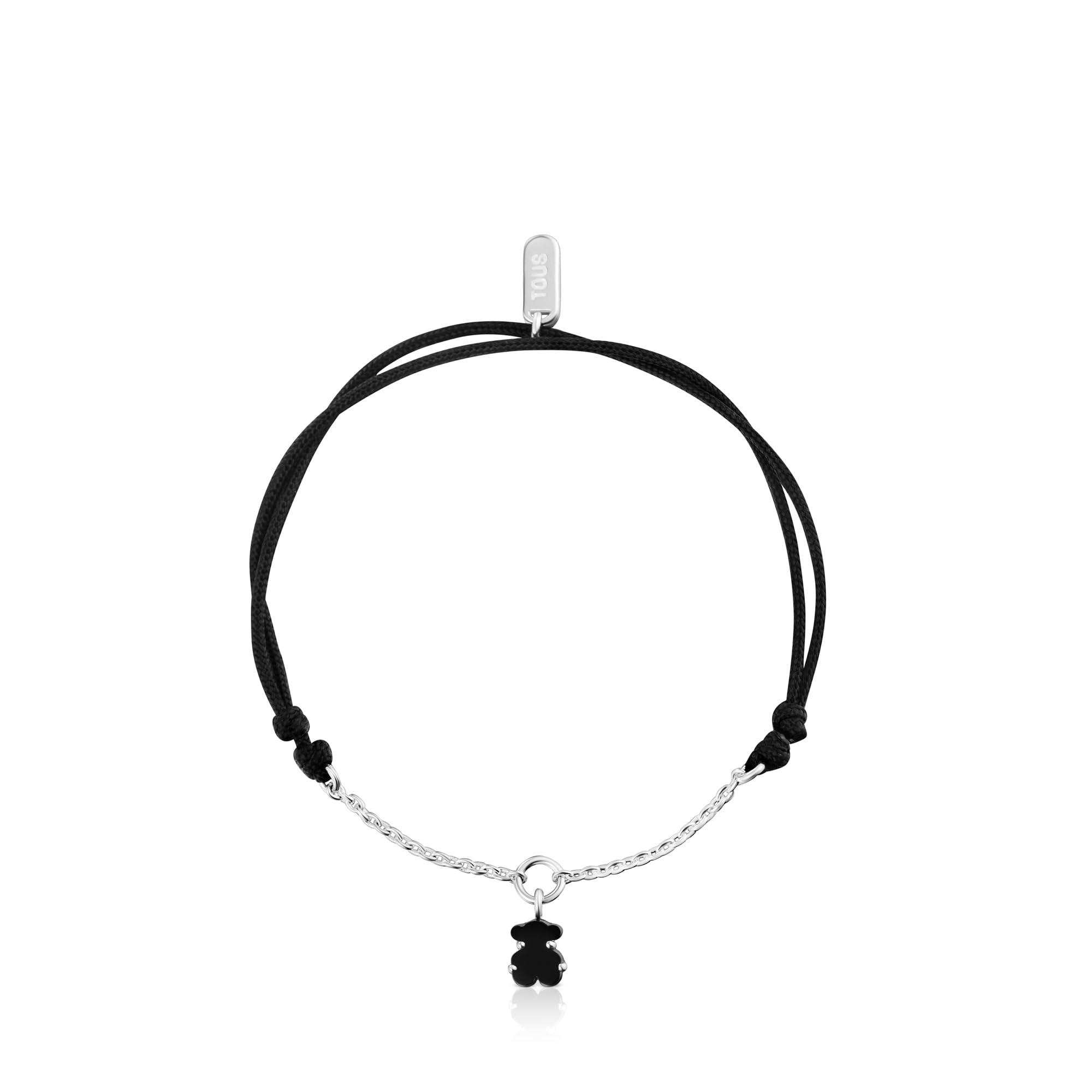 TOUS Pulsera de Plata de Primera Ley y Cordón con Motivo Oso en Ónix para Mujer, 16cm de Largo, Colección Mini Color