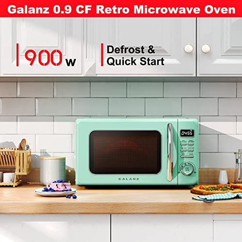 Image of Galanz GLCMKZ09GNR09 Retro Countertop Microwave Oven with Auto Cook & Reheat, Defrost, Quick Start Functions, Easy Clean with Glass Turntable, Pull Handle.9 cu ft, Green