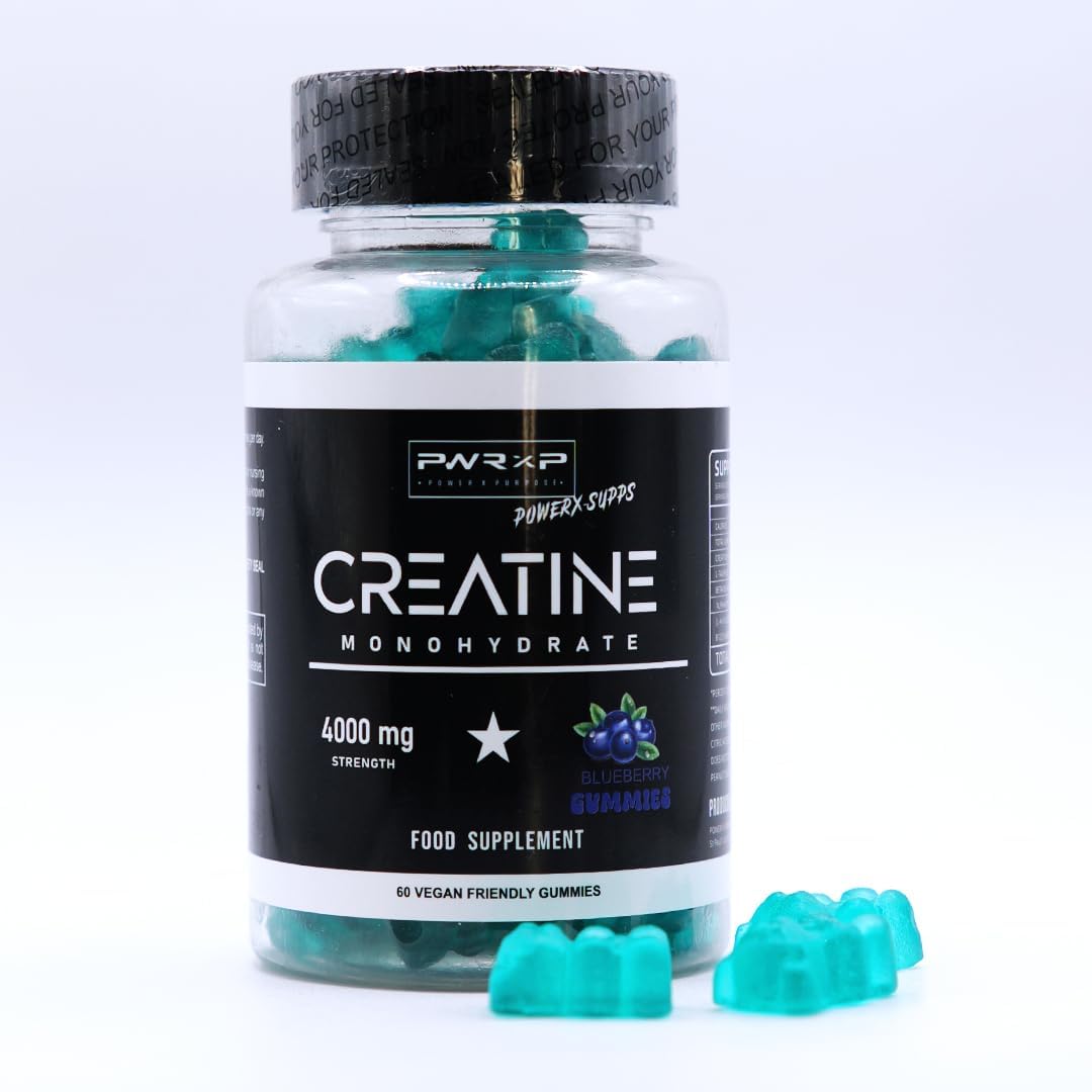 Blueberry Creatine Monohydrate Gummies, 4000mg, 1 Month Supply, Sugar-Free, Vegan, Gym Fitness Health Supplement, Muscle, Strength, Power, Halal, Zero Sugar Power X Purpose | POWERX SUPPS