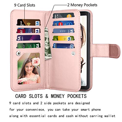 Njjex For Galaxy Note 9 Wallet Case, For Note 9 Case, Luxury Pu Leather [9 Card Slots] Id Credit Folio Flip Cover [Detachable][Kickstand] Magnetic Phone Case & Wrist Strap For Samsung Note 9 -Rosegold #TOP1
