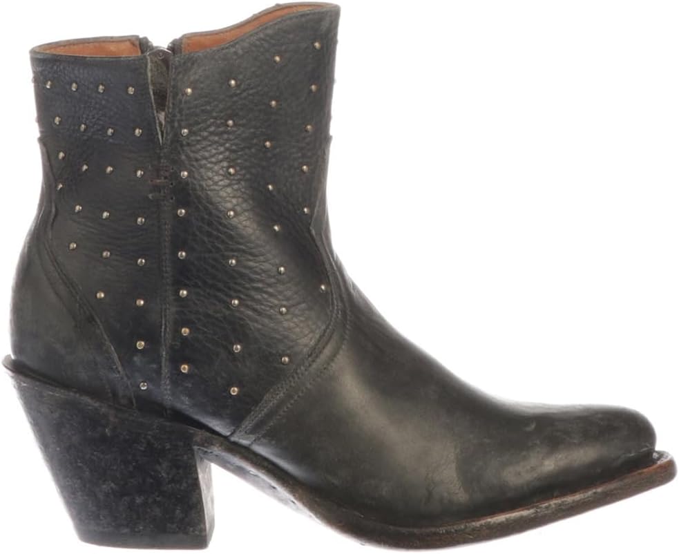 Lucchese Womens Harley Cowhide Studded Round Toe Casual Boots Ankle Mid Heel 2-3" - Black