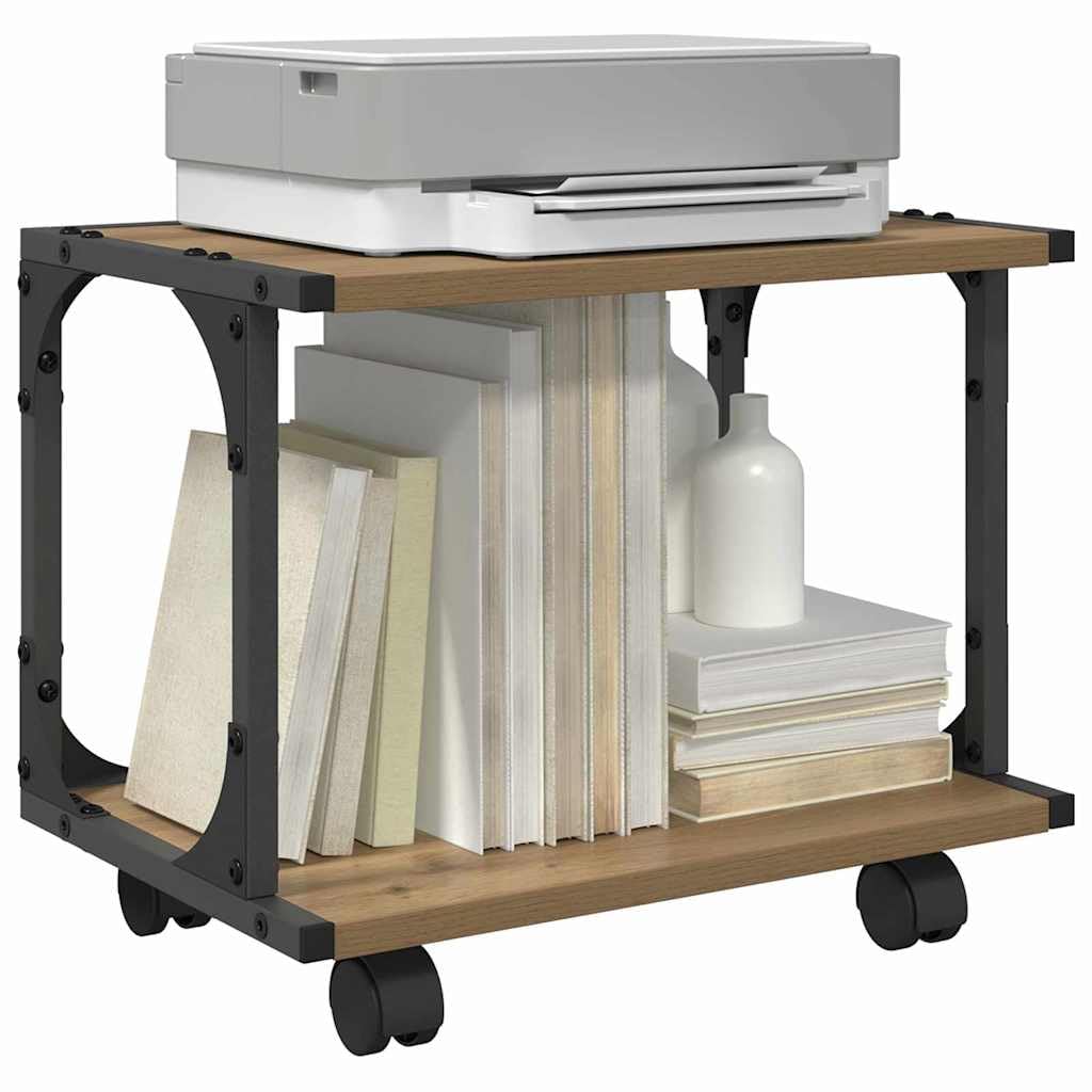 Supporto per stampante a due ripiani in legno di rovere Artisan, 41 x 28 x 33,5 cm, con ruote bloccabili e superficie opaca, per ufficio moderno