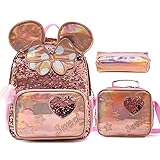 Schultasche Mädchen, Pailletten Rucksack mit Federmäppchen Mittagessen Umhängetasche Kinder Kindergarten Grundschule Tasche PU Niedlich Ohr Glitzer Rucksack für Kinder