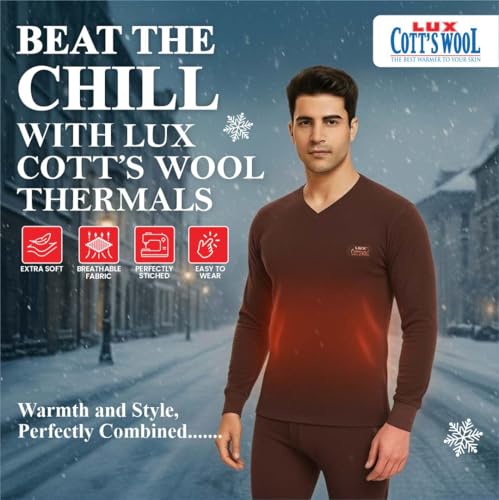 Image of Lux Cottswool Men's Cotton Thermal Set | Top & Bottom Body Warmer | V-Neck Winterwear | Full Sleeves & Snug Fit with Stay Warm Technology | Skin Friendly with Superior Heat Retention