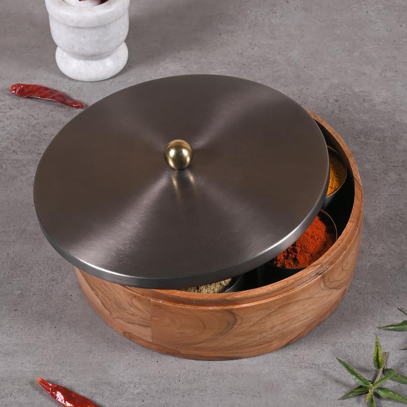 Image of Wooden Masala Box for Kitchen - 7 Stainless Steel Jars with Wooden Spoon | Stainless Steel Brass Lid with Knob | Multipurpose Dry Fruit & Spice Storage - GunMetal (Plane)