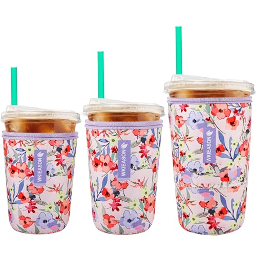 Image of Reusable Iced Coffee Cup Insulator Sleeve for Cold Beverages and Neoprene Cold Coffee Cup Sleeves Cooler Cover 16-32OZ for Coffee Cups, McDonalds, Dunkin Donuts, More (Flower Red)