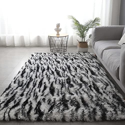 Gefosin Luxury Shag Rugs for Bedroom Living Room, 4x5.2 Feet Tie Dye Fluffy Bedside Rug for Bedroom, Large Non-Slip Carpet Washable Ideal Home Decor, Black White Zebra Stripes
