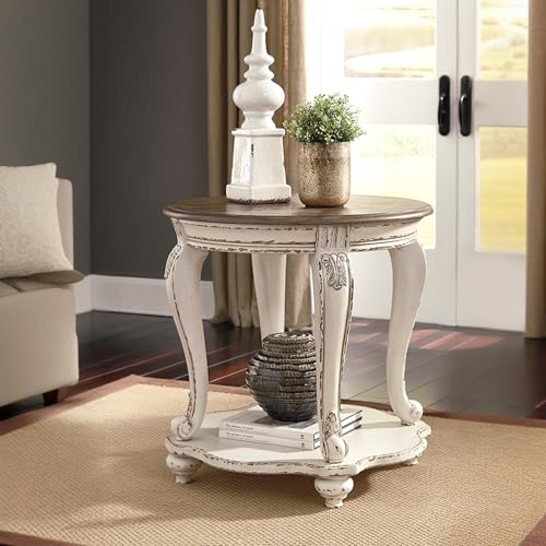 Signature Design by Ashley Realyn Cottage Style Round End Table, Fixed Lower Shelf, Antiqued 2-tone, Finish, Wood, 26" W x 26" D x 25.88" H, White and Brown Signature Design by Ashley Realyn Cottage Style Round End Table, Fixed Lower Shelf, Antiqued 2-tone, Finish, Wood, 26" W x 26" D x 25.88" H, White and Brown