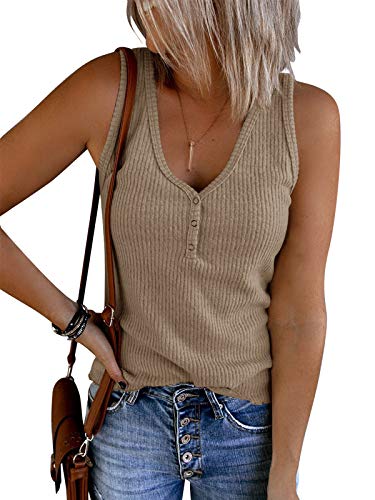 Saodimallsu Womens Loose Tank Tops Ribbed V Neck Sleeveless Henley Shirts Casual Button Up Cami Knit Tees (Medium, Dark Khaki)