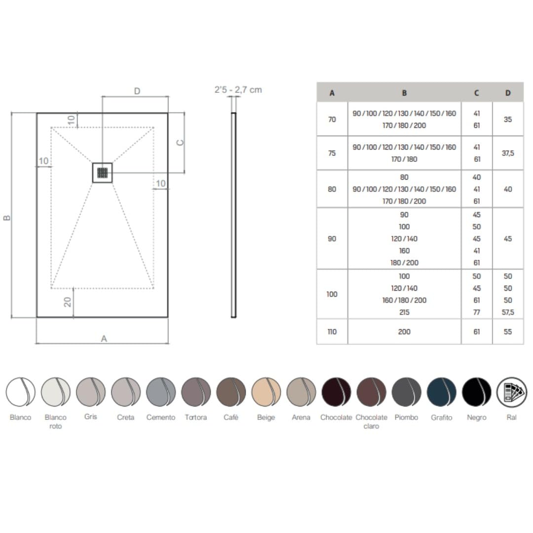 Plato de ducha de resina color cemento 75 x 130 cm con rejilla y desagüe – Showey