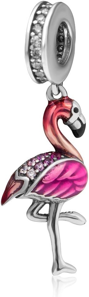 FantasticharmFlamingo Pendant Charms with Red Enamel 925 Sterling Silver Pink CZ Dangle Bead Fits Snake Chain European Bracelet