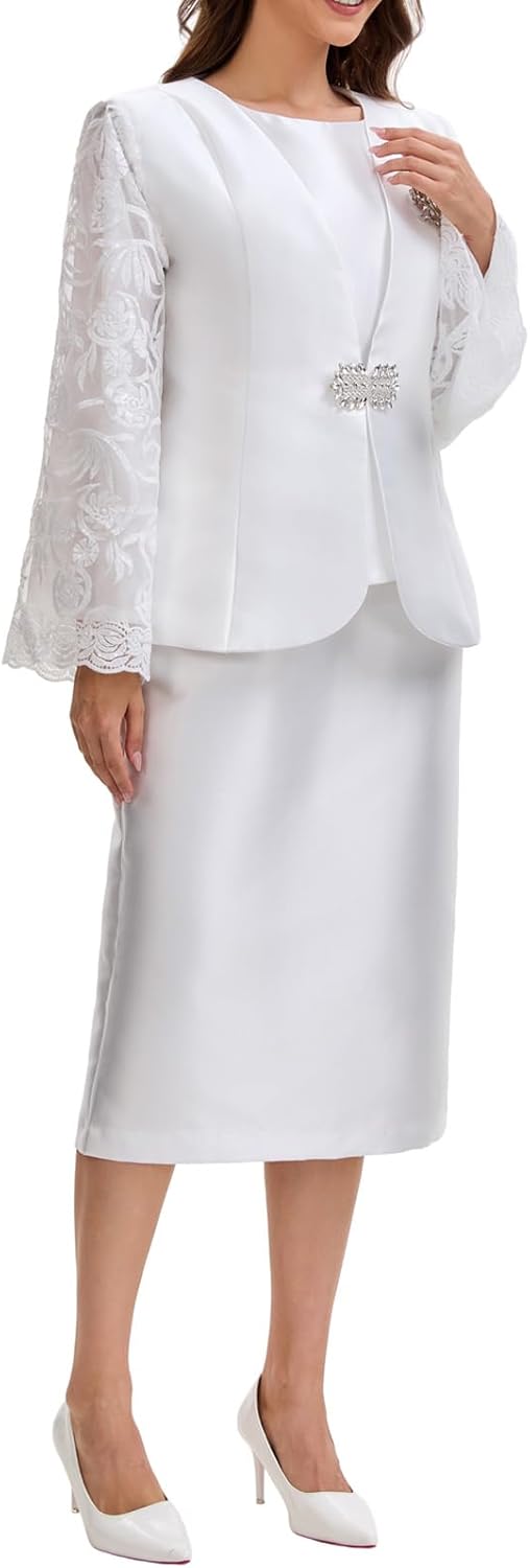 Womens 3 Piece Church Suit Set with Rhinestone Brooch Elegant Mother of The Bride Dress Lace Long Sleeve Wedding Guest Outfit