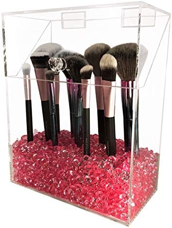 Makeup Brush Holder with Lid: Large Size, Dustproof, with Diamond Beads (Pink)