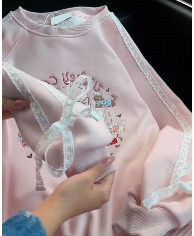 Women's Fleece-Lined Sweatshirt Heavy Embroidery Pink Lace Cartoon Cat Autumn Winter Round Neck Top - Image 5