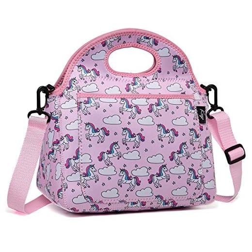 Bolsa Termica Comida para Niña, KASGO Neopreno Unicornio Bolsa Térmica Infantil Bolsa porta Alimento Escuela Bolsa Térmica para Picnic con Bolsillo Frontal y Correa de Hombro Ajustable Desmontable