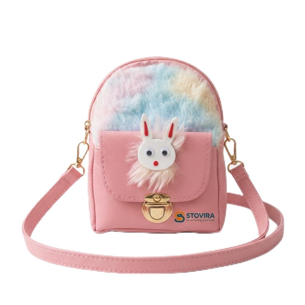 Cute Bunny Plush Crossbody Bag for Girls, Pink Rainbow Faux Fur Sling Purse, Toddler Mini Shoulder Bag-image-3