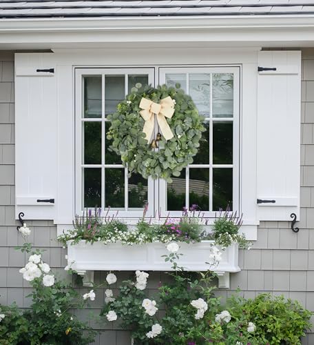 FLOROAD 26 inch Green Eucalyptus Leaves Wreath for Front Door, Year Round Spring Summer Large Artificial Greenery Wreath with Beige Bow Metal Bells by FLOROAD - Image 5